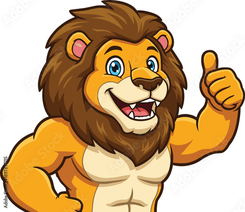 Cartoon muscular lion character giving thumbs up, strong lion mascot, confident lion illustration, animal fitness mascot, happy cartoon lion.
