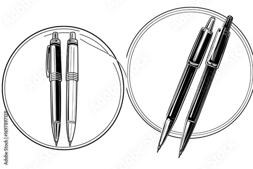 A modern icon isolated on white represents the various tools used for writing in an office setting, referred to as stationery