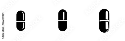 Minimalist black-and-white vector illustration of capsule silhouettes showcasing different angles