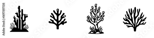 Stylized black-and-white minimalist vector illustrations of various coral types found in ocean environments