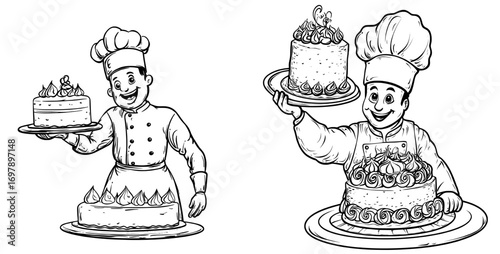 A character in a chef's hat holds up a cake with beautiful decorations