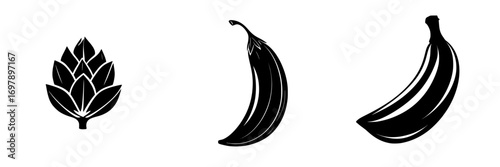 Black-and-white vector illustration of minimalist fruit and plant silhouettes featuring banana and artichoke