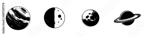 Vector illustration of four celestial bodies in black-and-white minimalist style showcasing planetary diversity