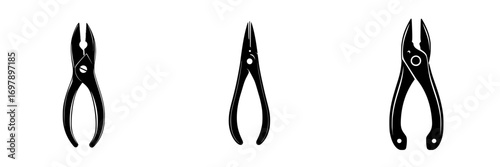 Minimalist black-and-white vector illustration of three types of pliers in a simple silhouette design for tool representation