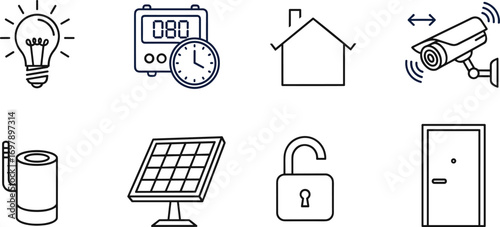 Smart home security system icons set including CCTV camera, solar panel, smart lock, door, alarm, light, and automation.