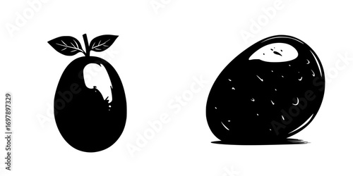 Minimalist black-and-white vector illustrations of an olive and a potato showcasing simple silhouettes