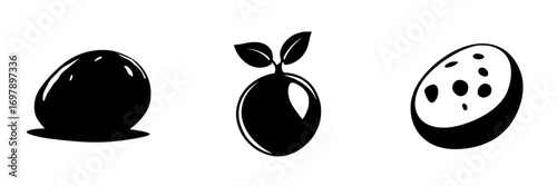 Unique black-and-white vector illustration depicting minimalist fruit silhouettes for modern design