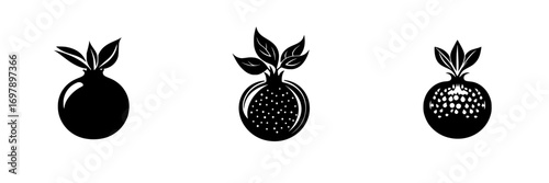 Minimalist black-and-white vector illustrations of fruit silhouettes featuring stems and leaves