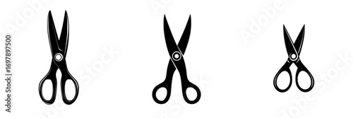 Minimalist black-and-white vector illustration of scissors in various sizes on a plain background