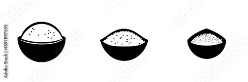 Minimalist vector illustration of three black-and-white bowls filled with various types of rice