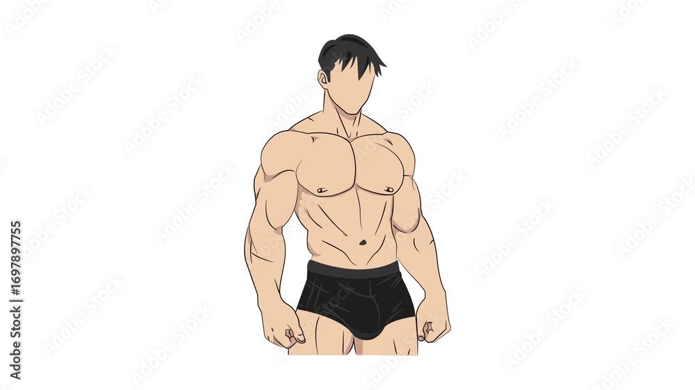 2D animation of a man's body transformation from fat to muscular ...