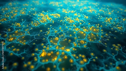Tableau sur toile A macro view of an underwater microbial mat as a glowing, electric-blue mycelial network