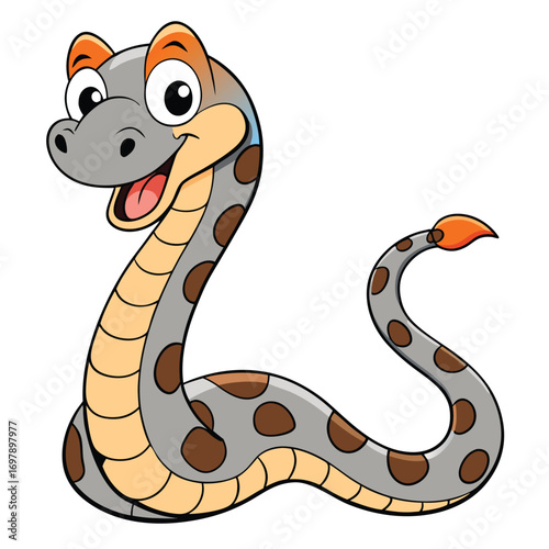Friendly Cartoon Snake with Big Eyes and Brown Spots on White Background