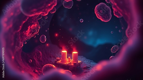 Bild auf Leinwand Microscopic dreamlike view inside a cell, with mitochondria as tiny glowing power plants recharging at night