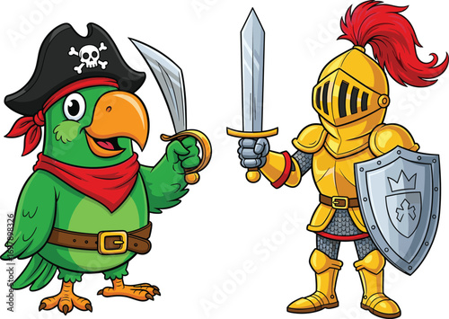 Cartoon pirate parrot with sword and red bandana, brave knight in golden armor holding sword and shield, fantasy characters.