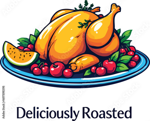 Colorful vector of roasted chicken on platter with herbs, cherries, and melon slice perfect for food, cooking, and recipe designs