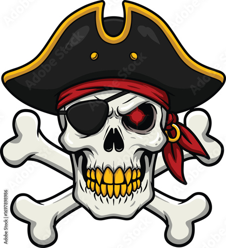 Cartoon pirate skull with eye patch, gold teeth, crossbones, red bandana, and black hat vector illustration for danger and adventure.