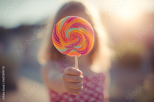 Girl holding rainbow lollipop in her hand