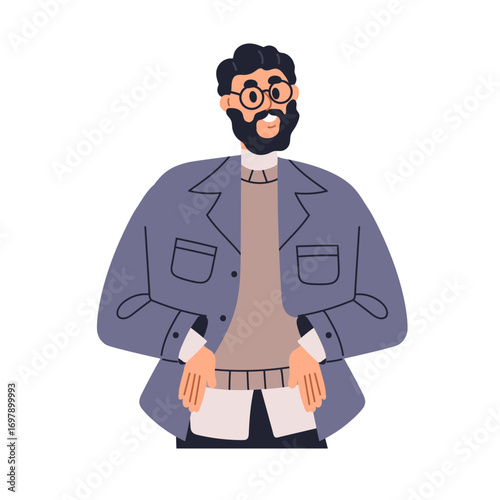 Happy young man smiling, hands on hips pose. Bearded male in glasses looking ...