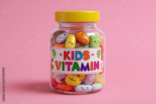 Jar with children's colored vitamins. With an inscription KIDS VITAMIN