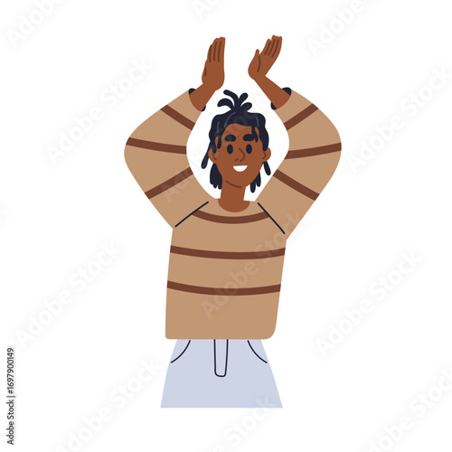 Happy African man rejoicing, clapping with hands, arms up. Joyful young black...
