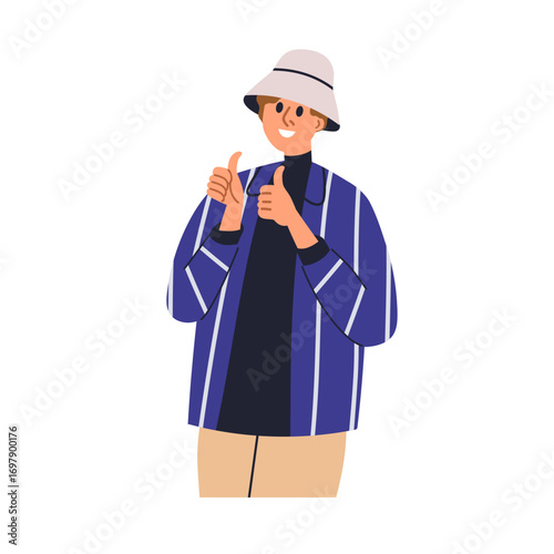Happy man showing thumbs up, smiling. Joyful excited positive person supporti...