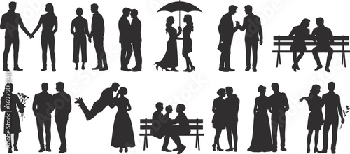 Romantic couple silhouettes, man and woman illustration set, love relationship design, wedding artwork, romance vector collection, cad drawing flat vector illustration