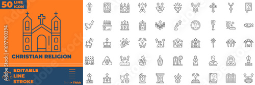 Christian Religion Line Icon Set.
