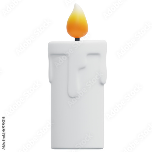 A minimalist 3D rendering of a single white wax candle with a vibrant glowing flame and dripping wax, isolated on a white background