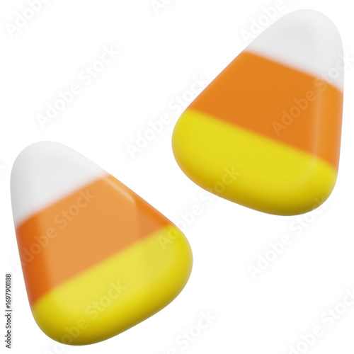 A delicious pair of classic candy corn, the iconic tri-color sweet for Halloween. These festive treats feature yellow, orange, and white layers isolated