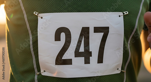 Close-up of a runner's back with number 247 pinned to their green shirt during a race.