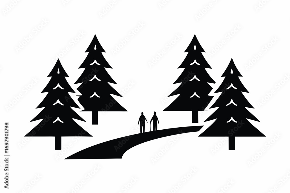 Obraz premium Winter forest with tall pine trees covered in snow, hikers walking on snowy path, vector landscape illustration