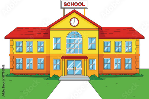 Cartoon school building illustration – bright, colorful educational building with clock and sign, perfect for kids learning and media.