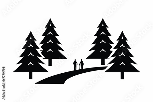 Winter forest with tall pine trees covered in snow, hikers walking on snowy path,  vector landscape illustration