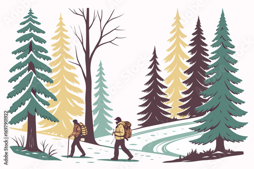 Winter forest with tall pine trees covered in snow, hikers walking on snowy path,  vector landscape illustration