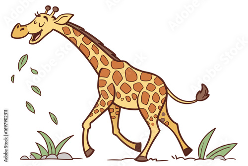 Happy Cartoon Giraffe Walking on White Background with Leaves and Grass