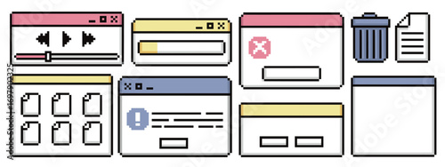 Retro interface windows with pixel frame ui components for software design - media player, error dialog and file grid layouts. 8 bit style panels with buttons, trash bin and notification elements.