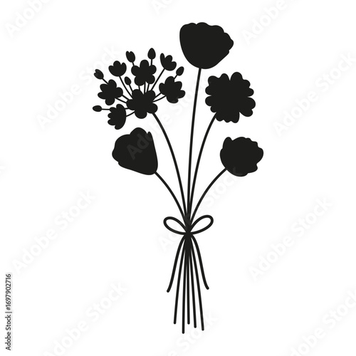 Summer delicate wildflower bouquet, silhouette in black color. Bunche of flowers tied with ribbons. Vector illustration for design projects