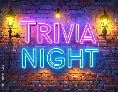 Neon sign of Trivia Night on a brick wall at night