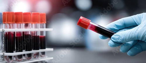 The Blood Vial Held by Gloved Hand Beside Rack of Test Tubes in Laboratory