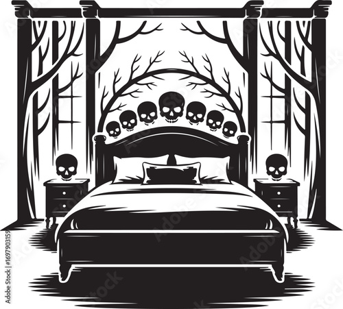Black silhouette of a spooky bedroom with skulls and bare trees furniture nightstand