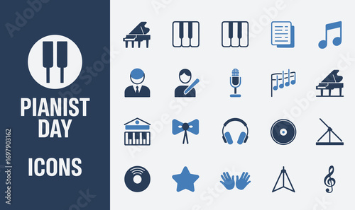 Illustrative Icons Celebrating the Art of Piano Playing Featuring Visual Representations of Instruments, Musicians, Notes, and Music Elements for Pianist Day