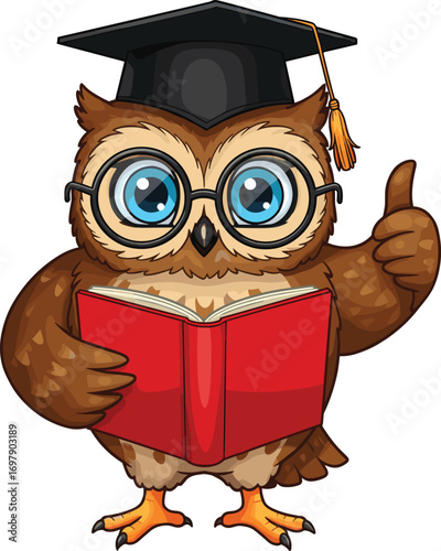 Cartoon wise owl wearing graduation cap and glasses reading book, education and knowledge symbol vector illustration for learning and school.