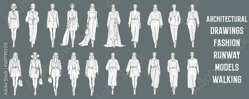 Architectural Drawings  fashion runway models walking in stylish poses vector illustration,  front view, human person Minimal style hand drawn. Sections, Elevations, Floor Plans