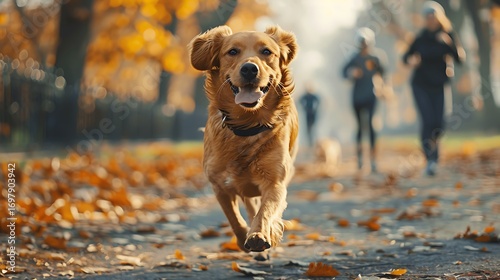 A  golden retriever runs towards camera on a sunny autumn path with people jogging in background