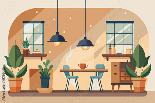 Cozy Modern Kitchen Interior With Plants and Wooden Furniture