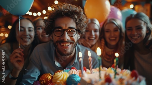 A man celebrating birthday surrounded by smiling friends and festive decorations