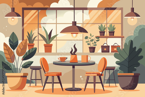 Illustrative depiction of a contemporary coffee shop featuring cozy seating, plants, and warm ambient lighting.