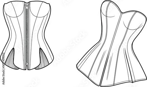 "Corset fashion design, lingerie garment template, modern bustier, clothing pattern, sewing sketch, cad drawing flat vector illustration"