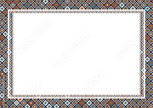 Colorful geometric pattern border with diamond shapes in orange, blue, and brown tones